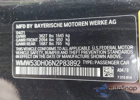2022 Mini Hardtop Cooper S z USA, uszkodzony, nr VIN WMW53DH06N2P83892